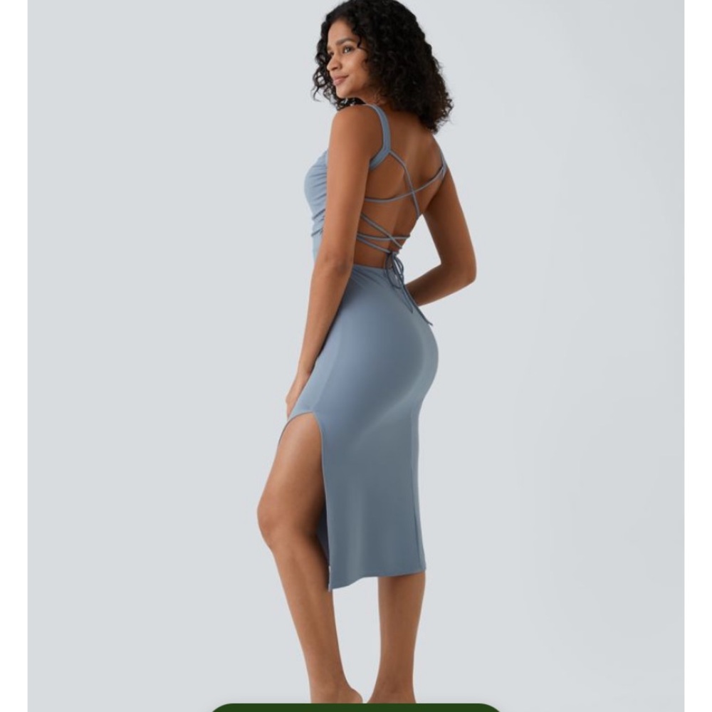 ✨Halara NWT ✨ Strappy Back Side-Slit Midi Dress in Dusty Blue/Grey 💛 XS